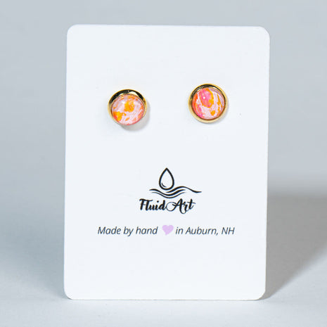Petite Fluid Art Stud Earrings - orange, Pink, white on gold