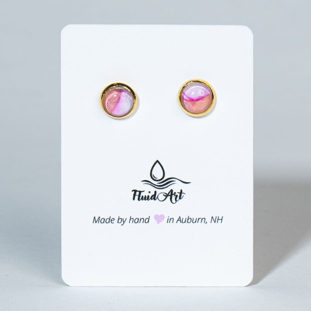 Petite Fluid Art Stud Earrings - gold, Pink, white on gold