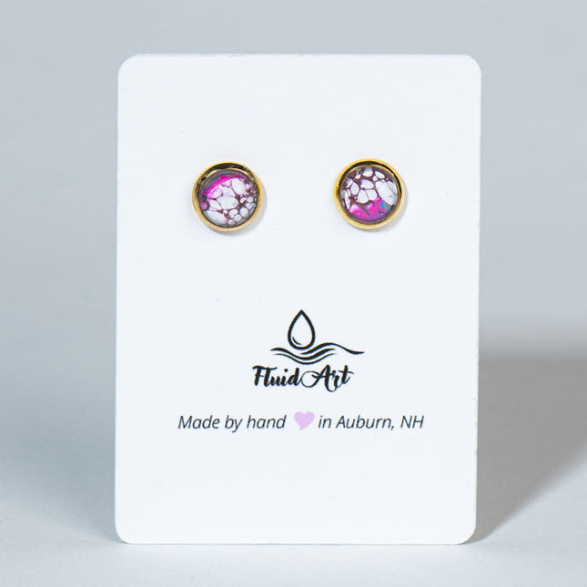 Petite Fluid Art Stud Earrings - pink white black on gold