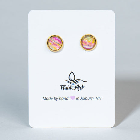 Petite Fluid Art Stud Earrings - Yellow & pink stripes on gold