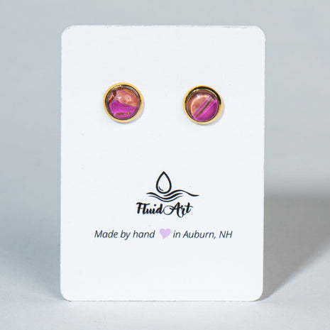 Petite Fluid Art Stud Earrings - deep pink, black, gold on gold