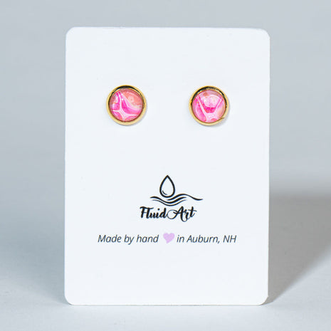Petite Fluid Art Stud Earrings - bright pink & white on gold