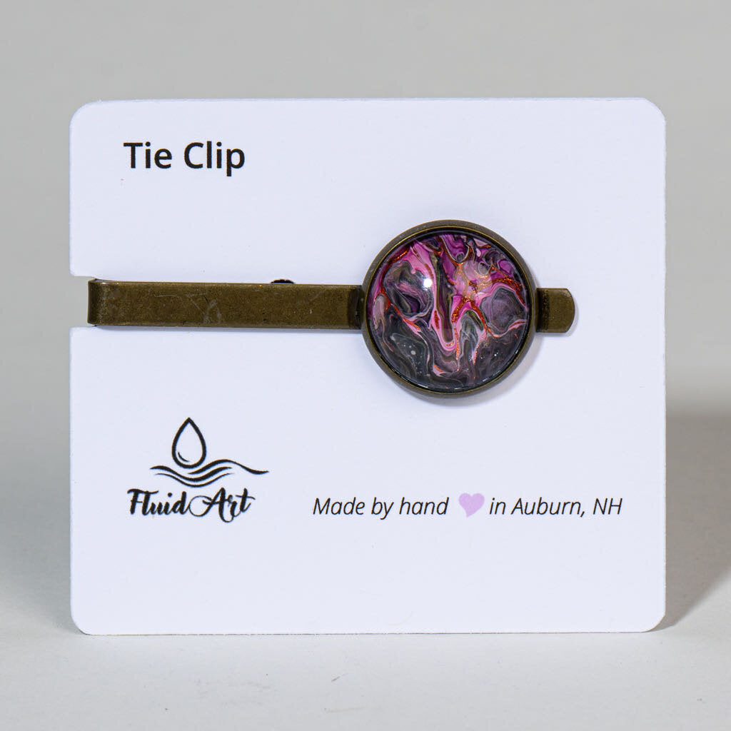 Tie Clip, Modern Statement, burgundy, magenta black on antique bronze