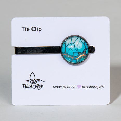 Tie Clip, Modern Statement, bright blue and white cells with black and gold on gunmetal
