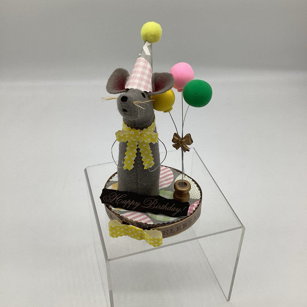 Happy Birthday mouse with yellow bow and balloons