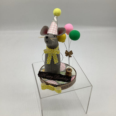 Happy Birthday mouse with yellow bow and balloons