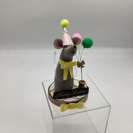 Happy Birthday mouse with yellow bow and balloons