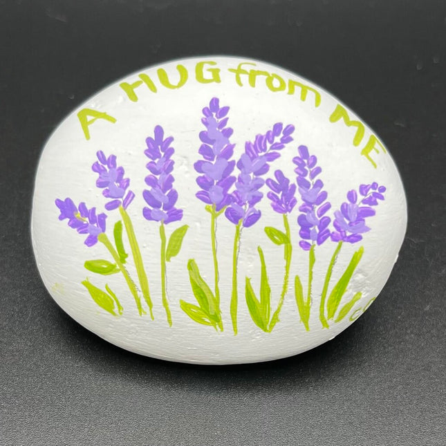 Rock sm wh lavender "A Hug from Me"