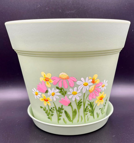 Large sage pot w/multi flowers