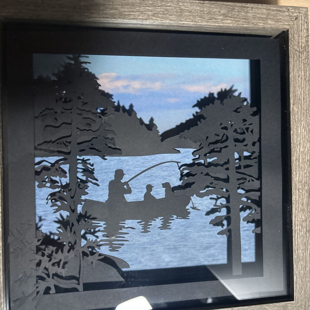 Fishing scene Father, dog, and child Shadowbox