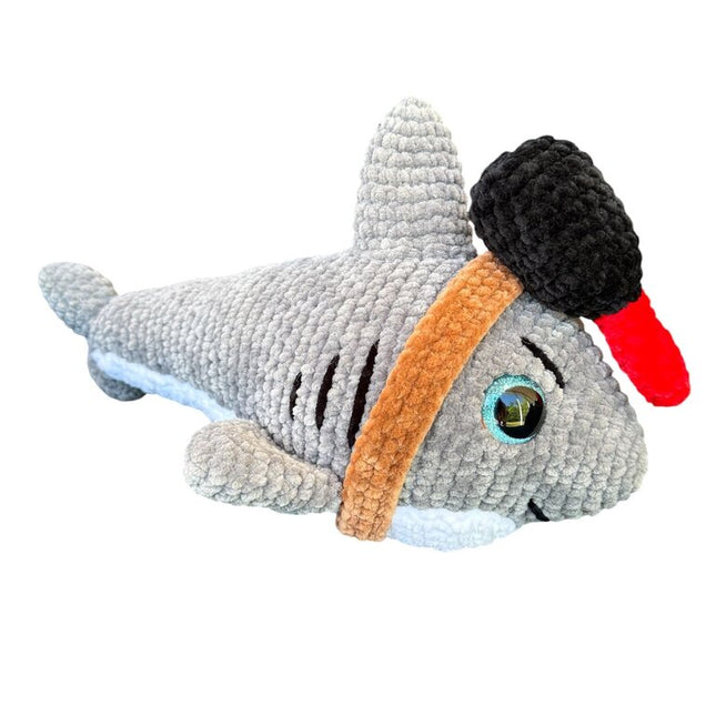 Crocheted great white shark with laser plushie