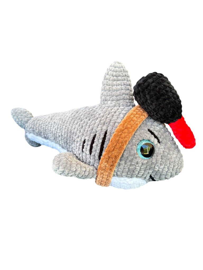 Crocheted great white shark with laser plushie