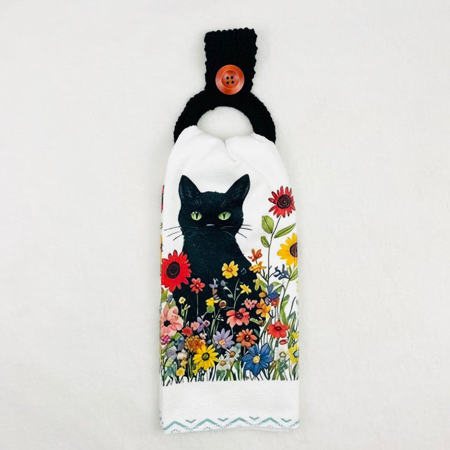 Hanging Towel Set - Black Cat with Flowers #1