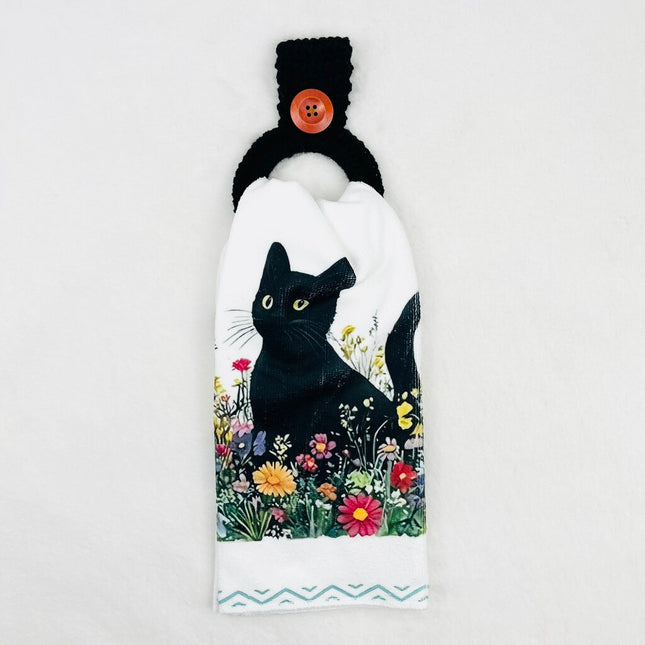 Hanging Towel Set - Black Cat with Flowers #4