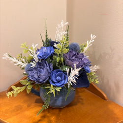 Blue Cup filled with Blue and Purple Sola Wood Flowers - view 1