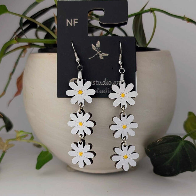 Three Daisies 3" Earrings