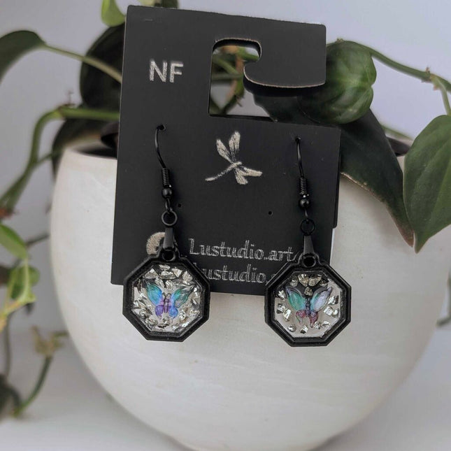 Hexagon Butterfly wood and resin Earrings
