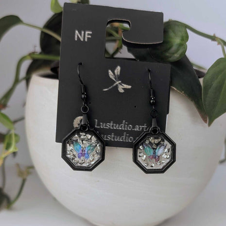 Hexagon Butterfly wood and resin Earrings