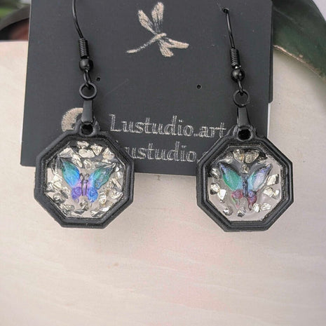 Hexagon Butterfly wood and resin Earrings