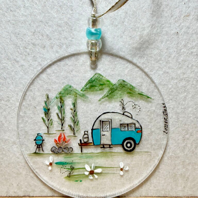 Camping acrylic sun catcher/ornament blues