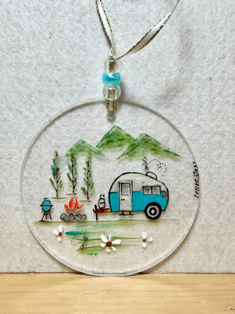 Camping acrylic sun catcher/ornament blues