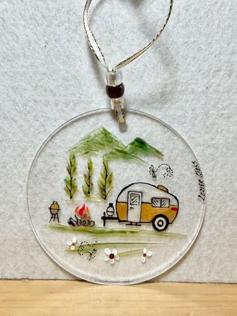 Camping acrylic sun catcher/ornament gold