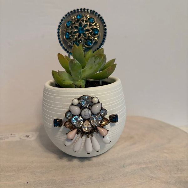 SMALL SUCCULENT in WHITE PLANTER & STAKE decorated w/jewelry