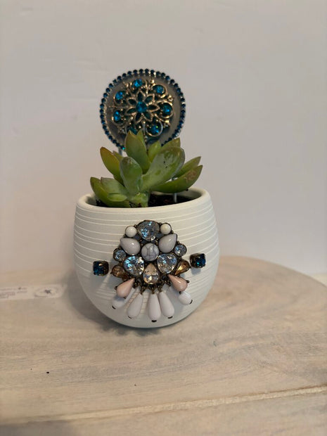 SMALL SUCCULENT in WHITE PLANTER & STAKE decorated w/jewelry