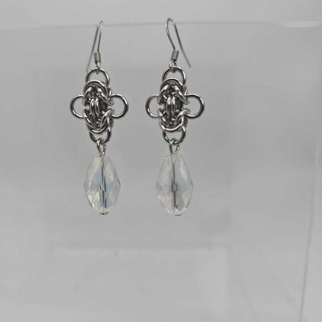 Stainless Steel Byzantine Earrings with Clear Crystal Drop, Surgical Steel Ear Wires