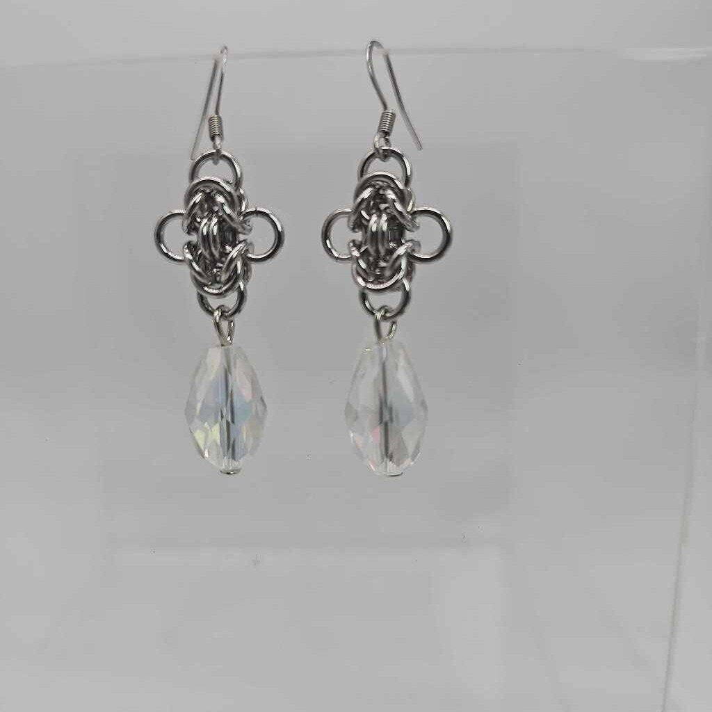 Stainless Steel Byzantine Earrings with Clear Crystal Drop, Surgical Steel Ear Wires