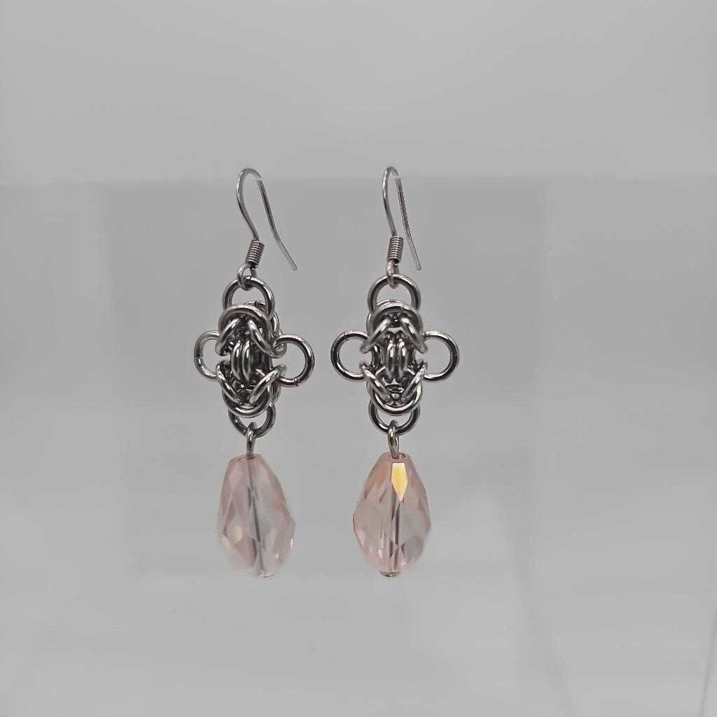 Stainless Steel Byzantine Earrings with Pink Crystal Drop, Surgical Steel Ear Wires