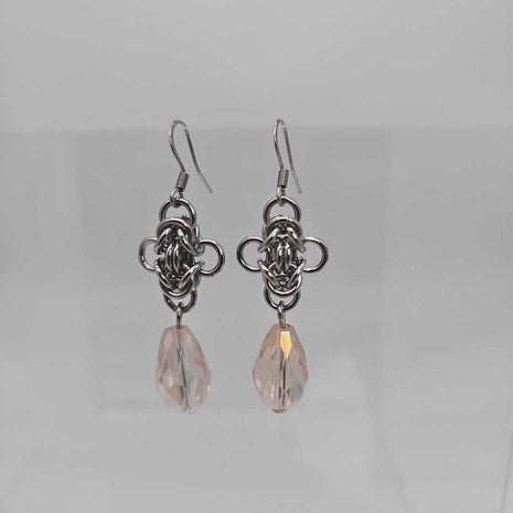 Stainless Steel Byzantine Earrings with Pink Crystal Drop, Surgical Steel Ear Wires