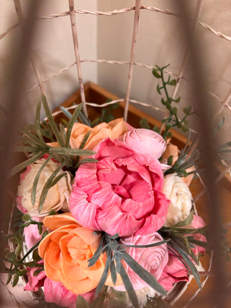 Vintage Bird Cage filled with Pink, White and Orange Sola Wood Flowers