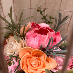 Vintage Bird Cage filled with Pink, White and Orange Sola Wood Flowers - view 3