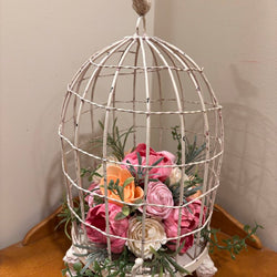 Vintage Bird Cage filled with Pink, White and Orange Sola Wood Flowers - view 1