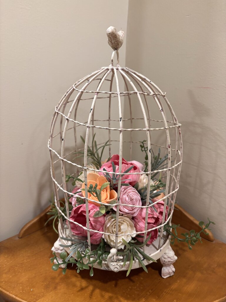 Vintage Bird Cage filled with Pink, White and Orange Sola Wood Flowers