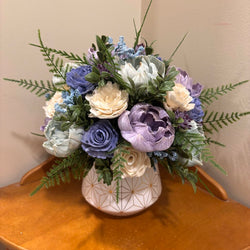 White and Gold Vase filled with Blue, Purple and Green Sola Wood Flowers - view 3