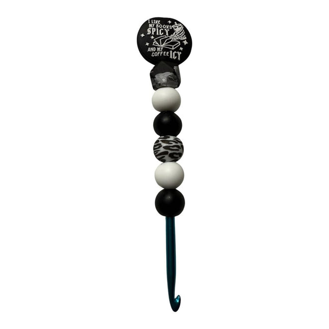 Ergonomic beaded crochet hook 5mm "I like my books spicy & my coffee icy"