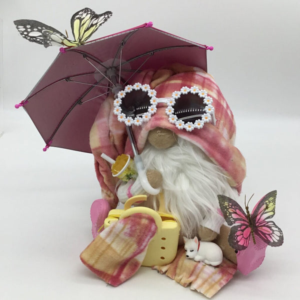 medium hot pink umbrella gnome with white dog butterflies