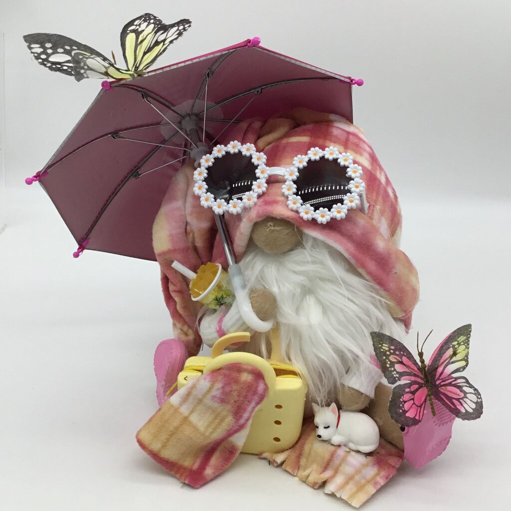 medium hot pink umbrella gnome with white dog butterflies