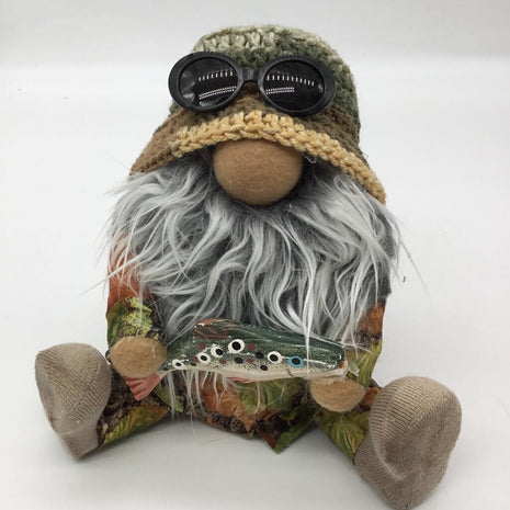 small gnome holding a fish in hunting outfit w crochet hat