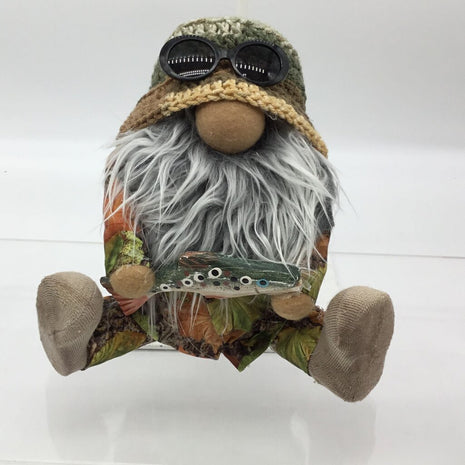 small gnome holding a fish in hunting outfit w crochet hat