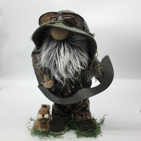 Big hunting gnome with bow and chipmunk
