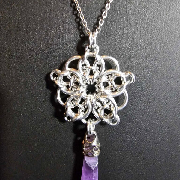 Silver Celtic Flower with Amethyst point pendant, 20 inch stainless steel chain