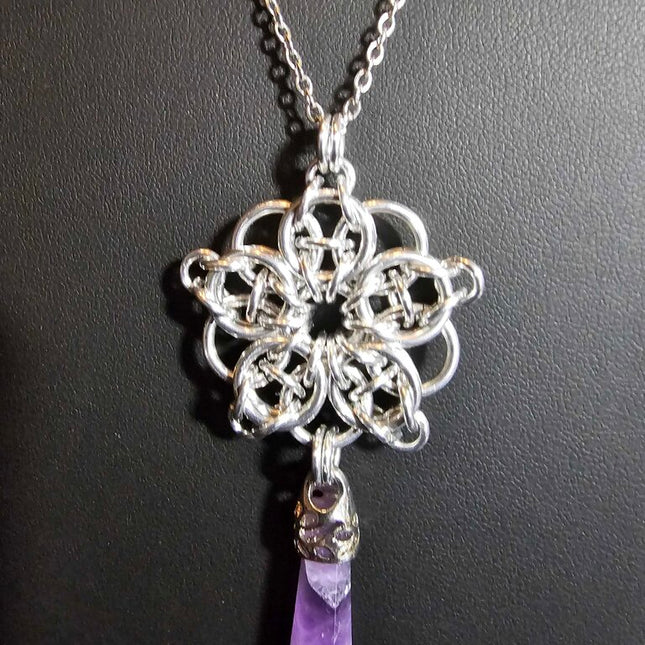 Silver Celtic Flower with Amethyst point pendant, 20 inch stainless steel chain