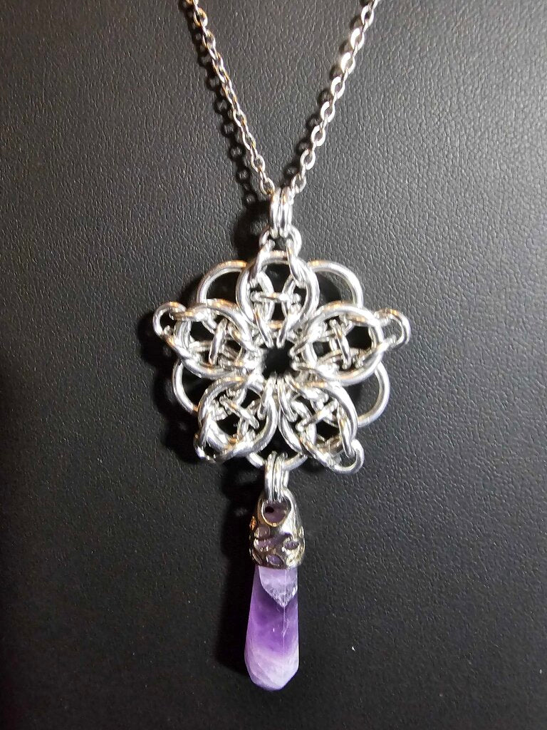 Silver Celtic Flower with Amethyst point pendant, 20 inch stainless steel chain