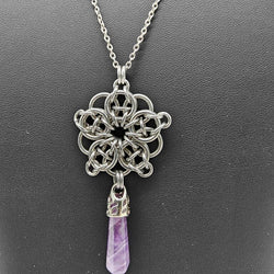 Silver Celtic Flower with Amethyst point pendant, 20 inch stainless steel chain - view 3