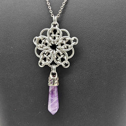 Silver Celtic Flower with Amethyst point pendant, 20 inch stainless steel chain - view 2