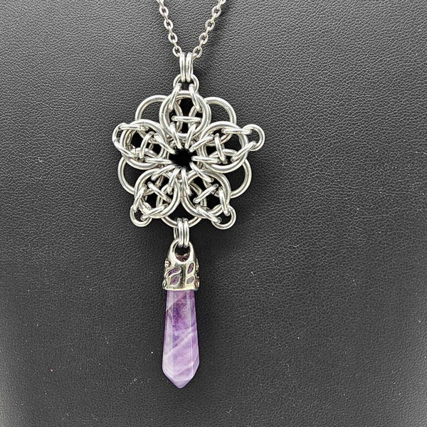 Silver Celtic Flower with Amethyst point pendant, 20 inch stainless steel chain
