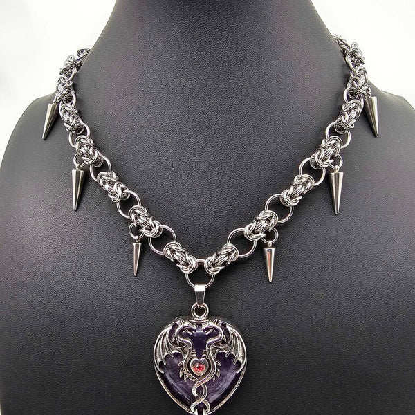 Stainless Steel Byzantine Choker with Amethyst Dragon Heart